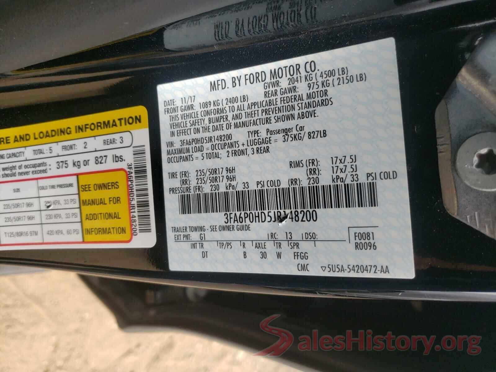 3FA6P0HD5JR148200 2018 FORD FUSION