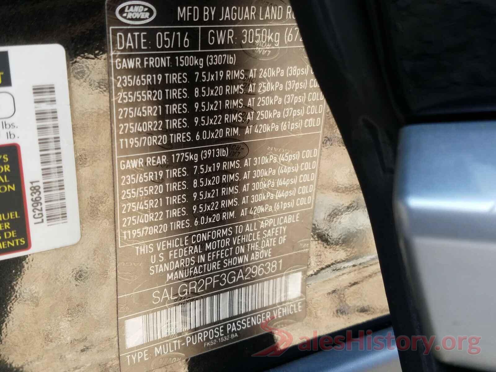 SALGR2PF3GA296381 2016 LAND ROVER RANGEROVER