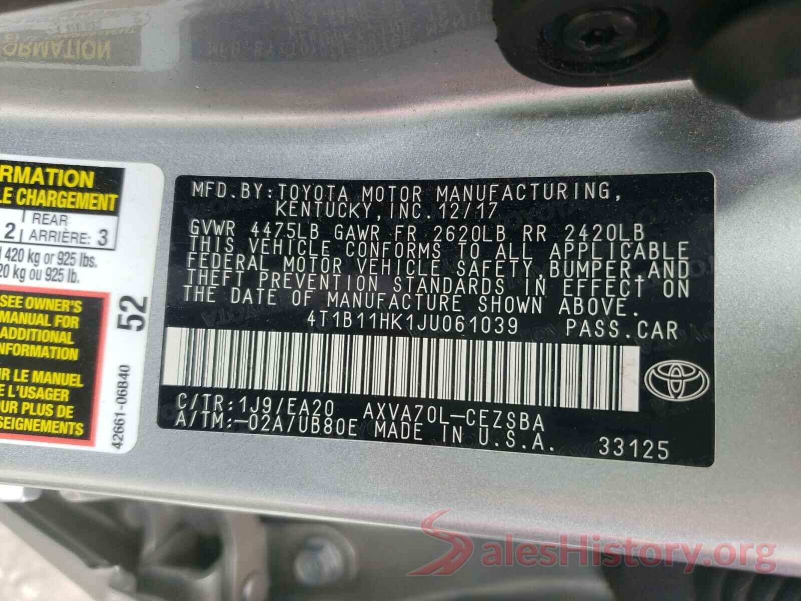 4T1B11HK1JU061039 2018 TOYOTA CAMRY