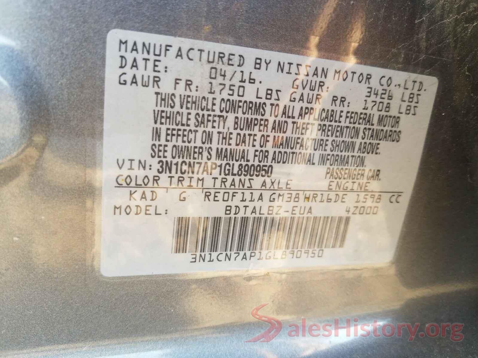 3N1CN7AP1GL890950 2016 NISSAN VERSA