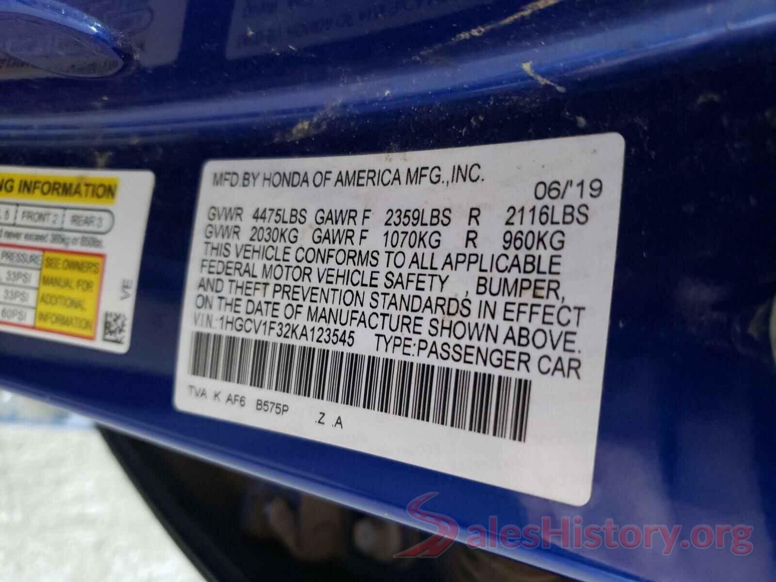 1HGCV1F32KA123545 2019 HONDA ACCORD