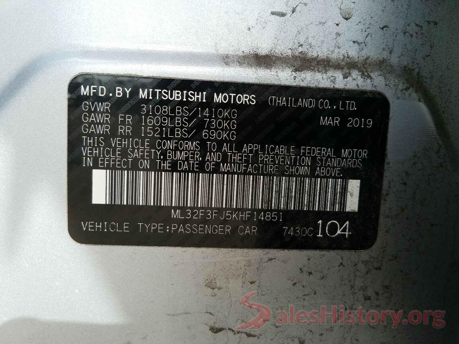 ML32F3FJ5KHF14851 2019 MITSUBISHI MIRAGE