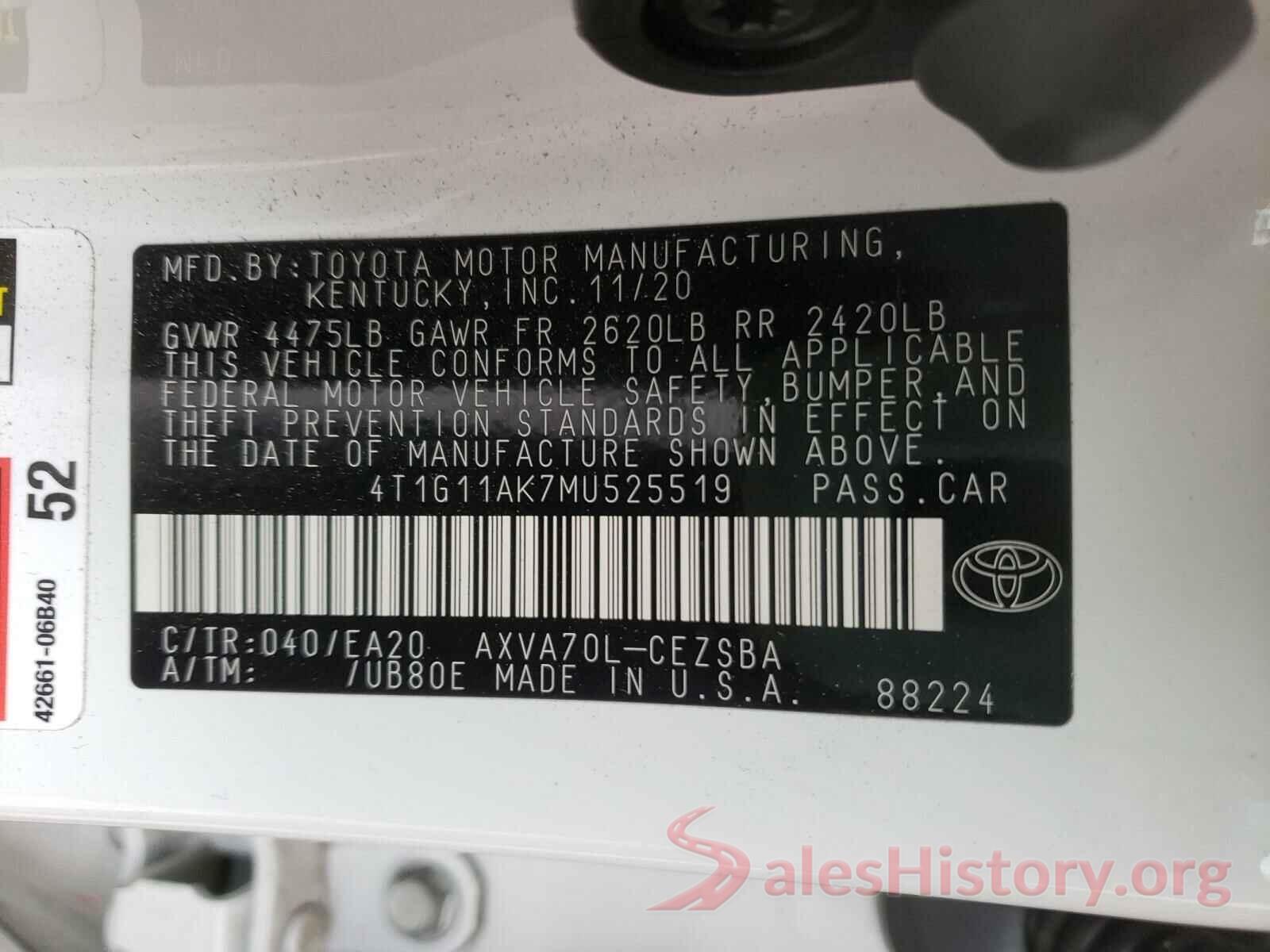 4T1G11AK7MU525519 2021 TOYOTA CAMRY