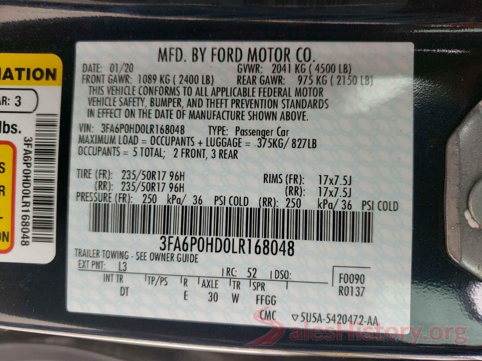 3FA6P0HD0LR168048 2020 FORD FUSION