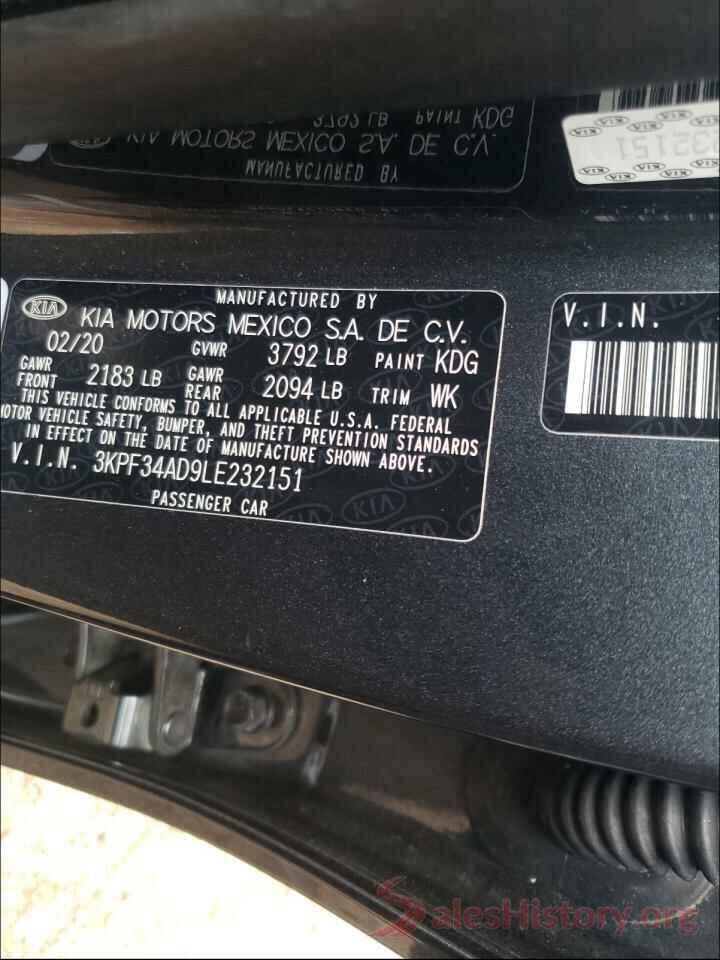 3KPF34AD9LE232151 2020 KIA FORTE