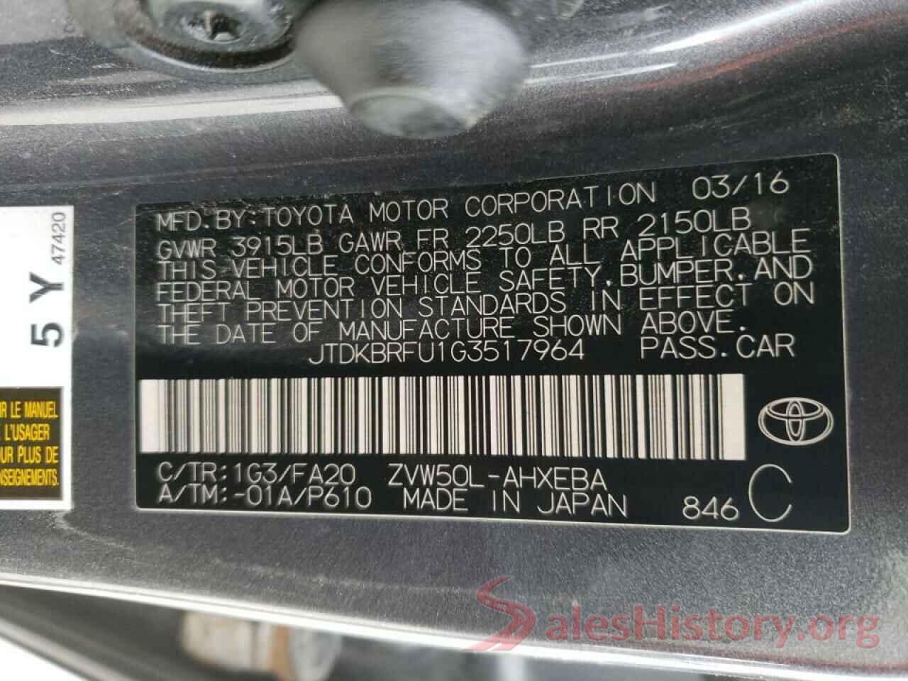 JTDKBRFU1G3517964 2016 TOYOTA PRIUS