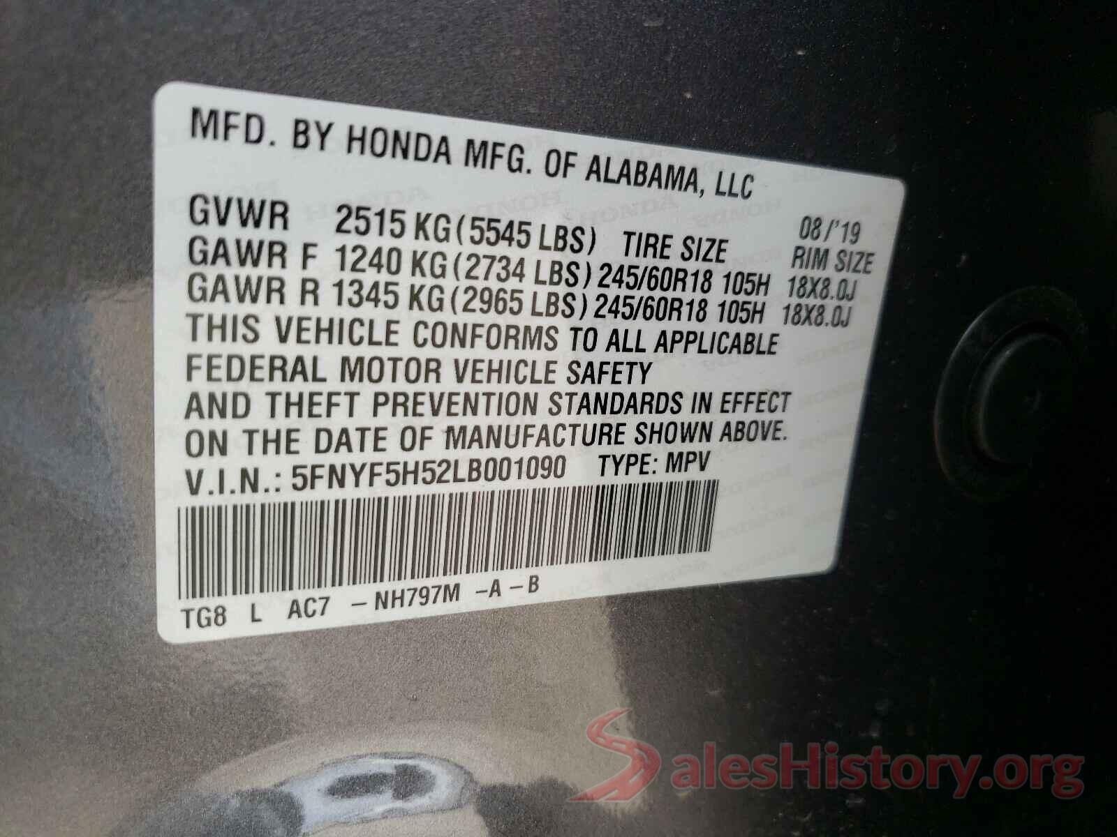 5FNYF5H52LB001090 2020 HONDA PILOT