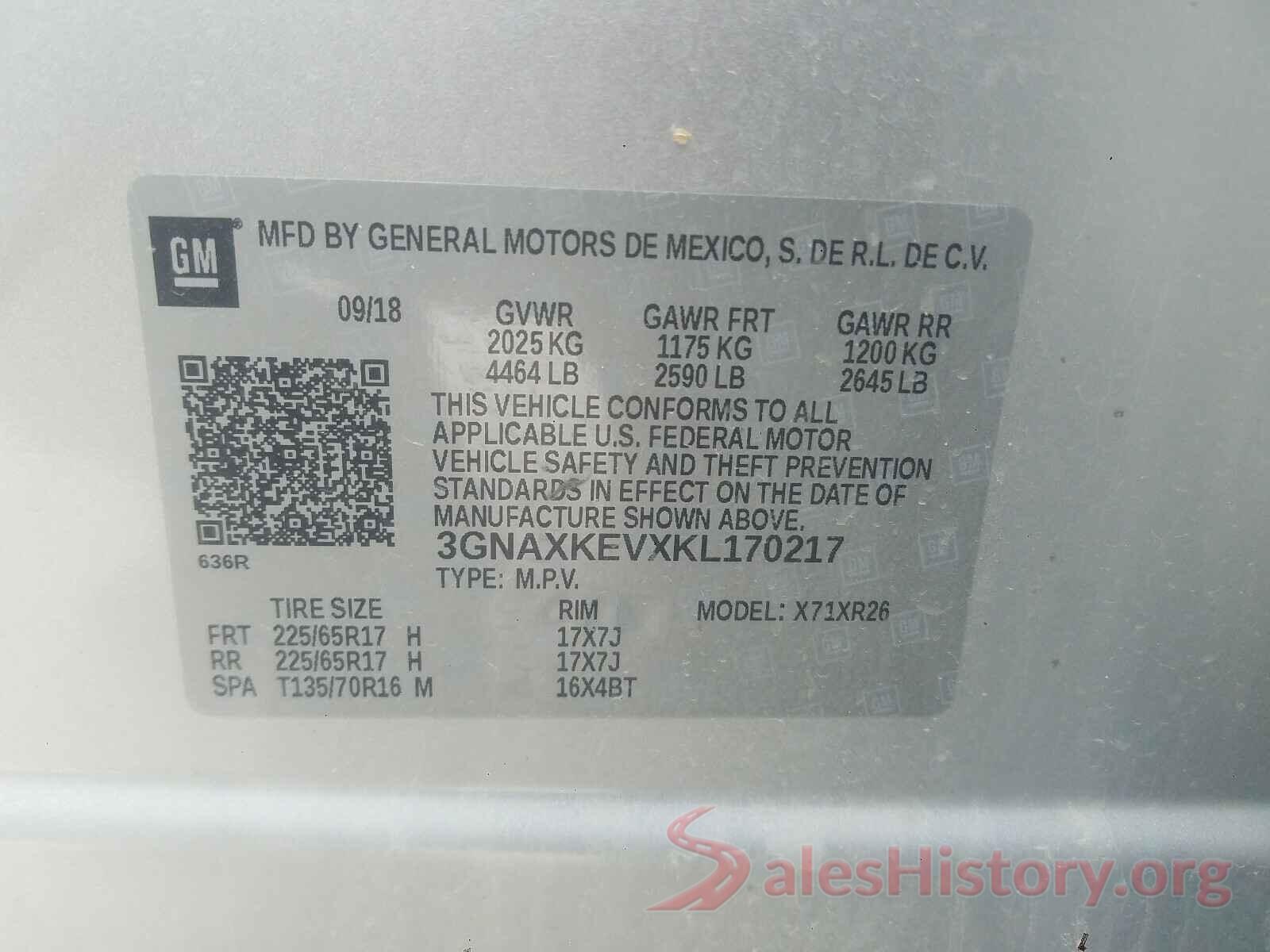 3GNAXKEVXKL170217 2019 CHEVROLET EQUINOX