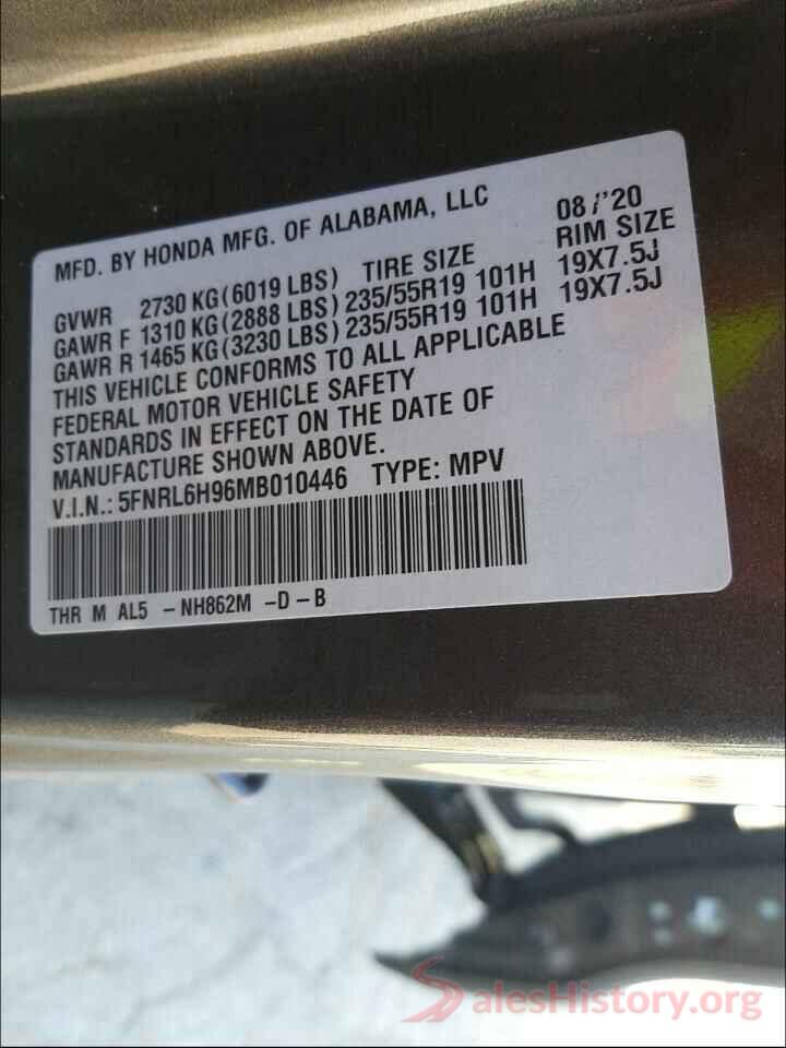 5FNRL6H96MB010446 2021 HONDA ODYSSEY