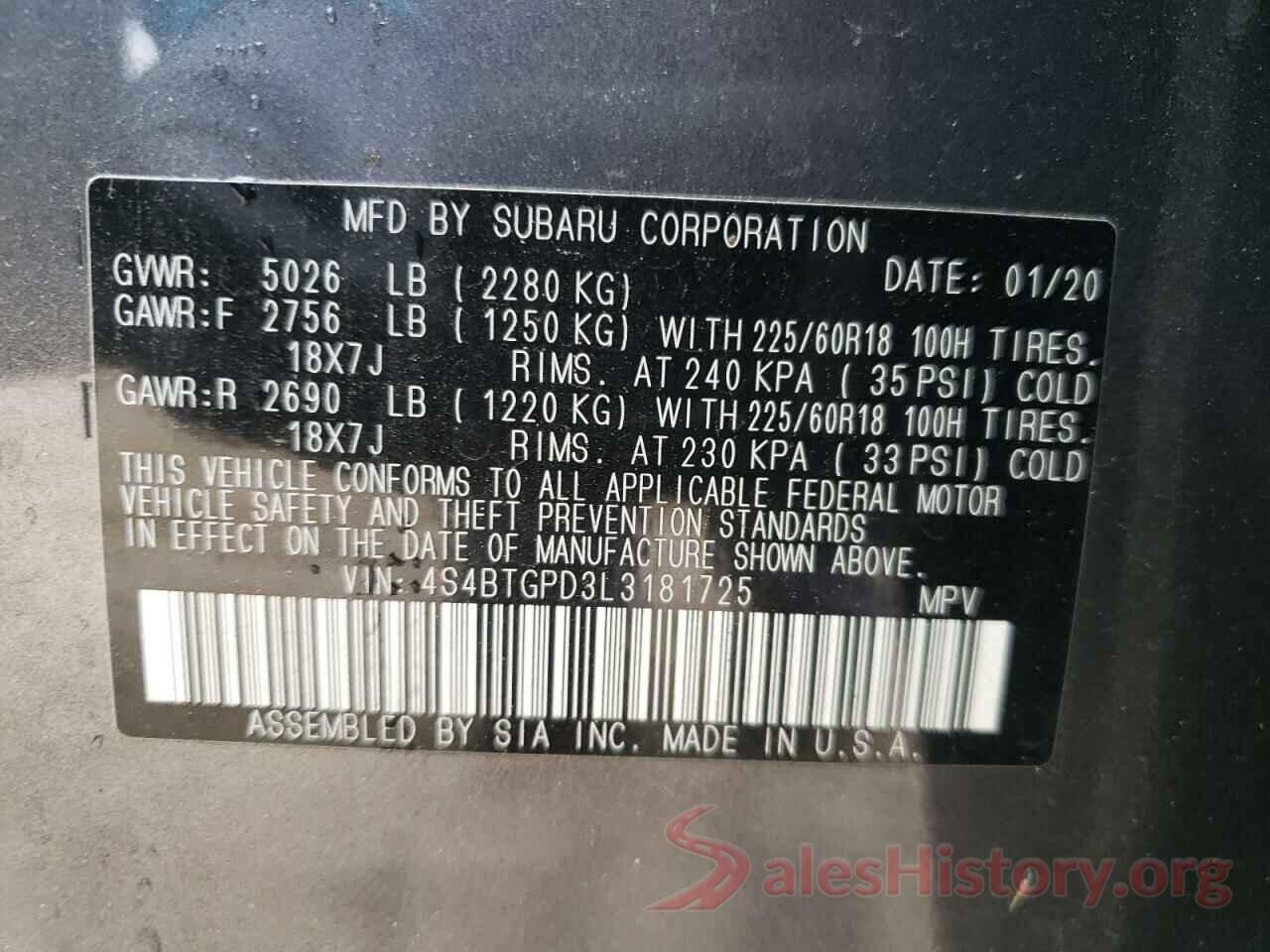 4S4BTGPD3L3181725 2020 SUBARU OUTBACK