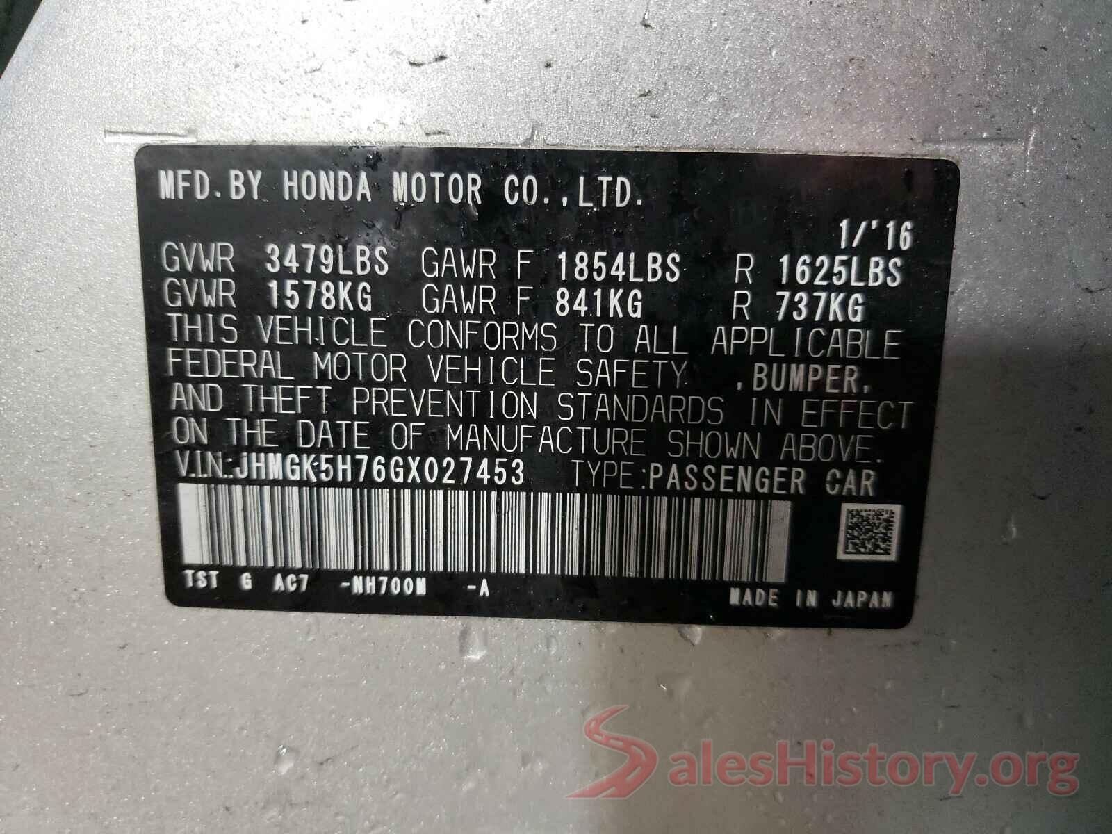 JHMGK5H76GX027453 2016 HONDA FIT