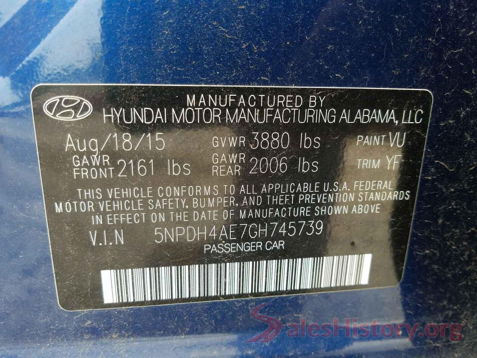 5NPDH4AE7GH745739 2016 HYUNDAI ELANTRA