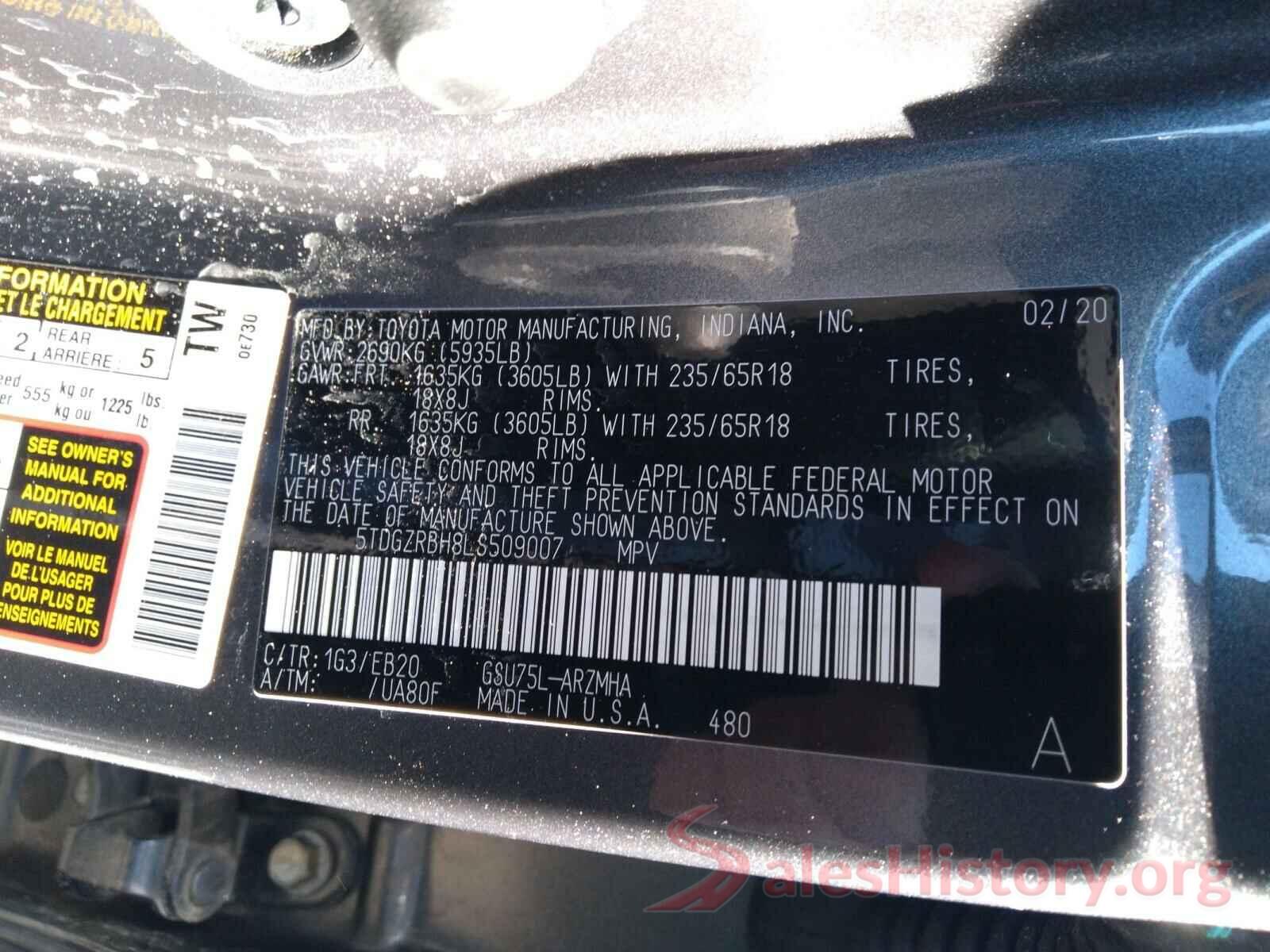 5TDGZRBH8LS509007 2020 TOYOTA HIGHLANDER