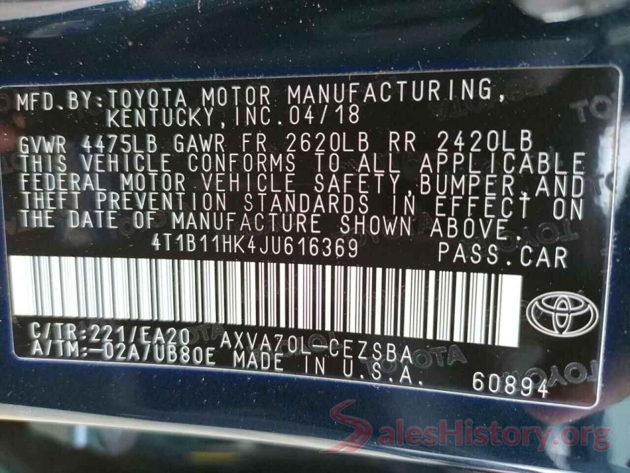 4T1B11HK4JU616369 2018 TOYOTA CAMRY