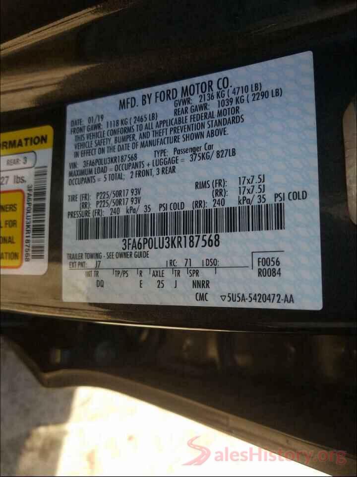 3FA6P0LU3KR187568 2019 FORD FUSION