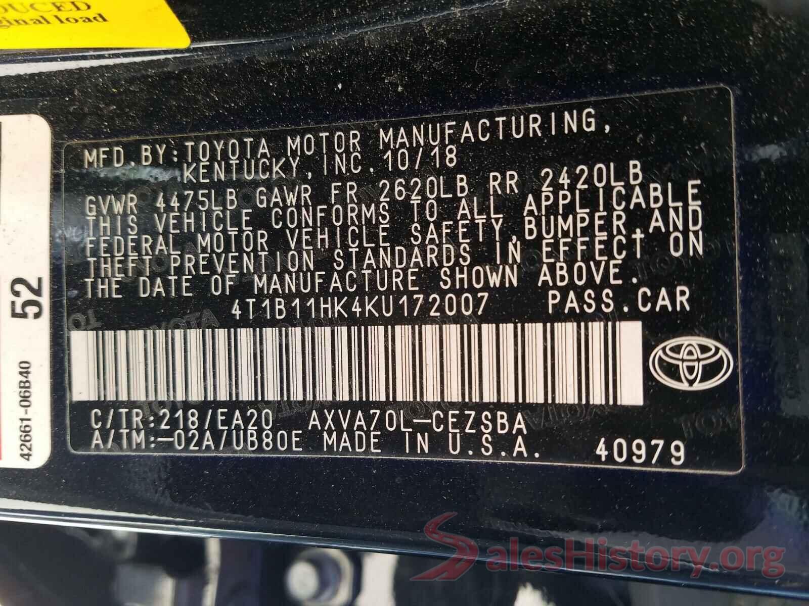 4T1B11HK4KU172007 2019 TOYOTA CAMRY