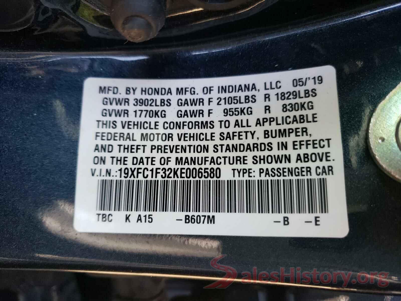 19XFC1F32KE006580 2019 HONDA CIVIC