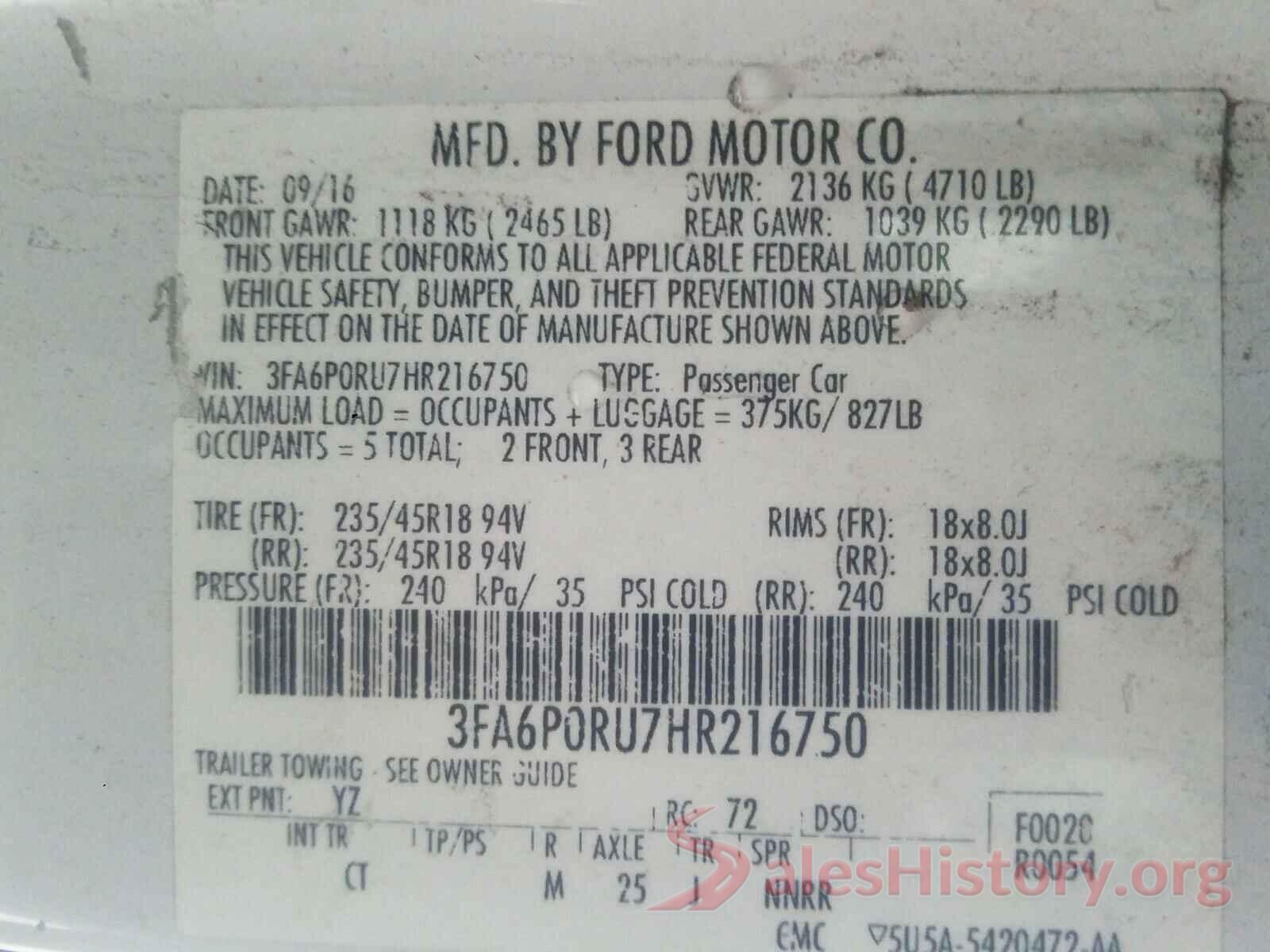 3FA6P0RU7HR216750 2017 FORD FUSION