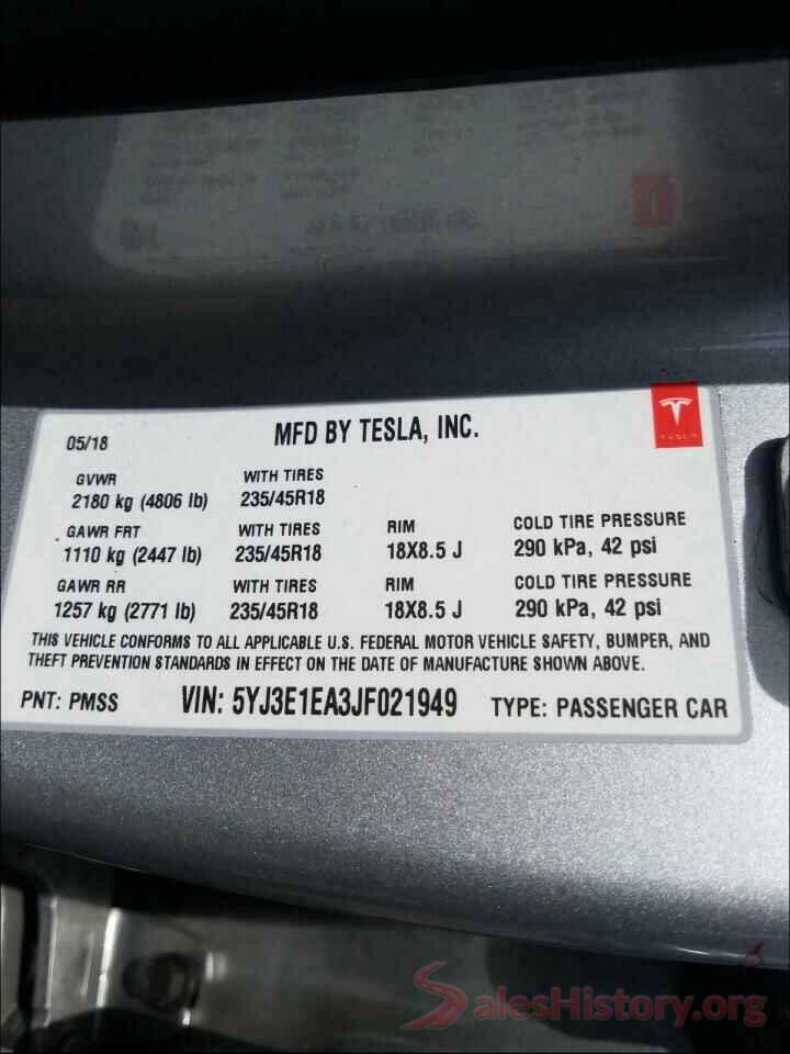 5YJ3E1EA3JF021949 2018 TESLA MODEL 3