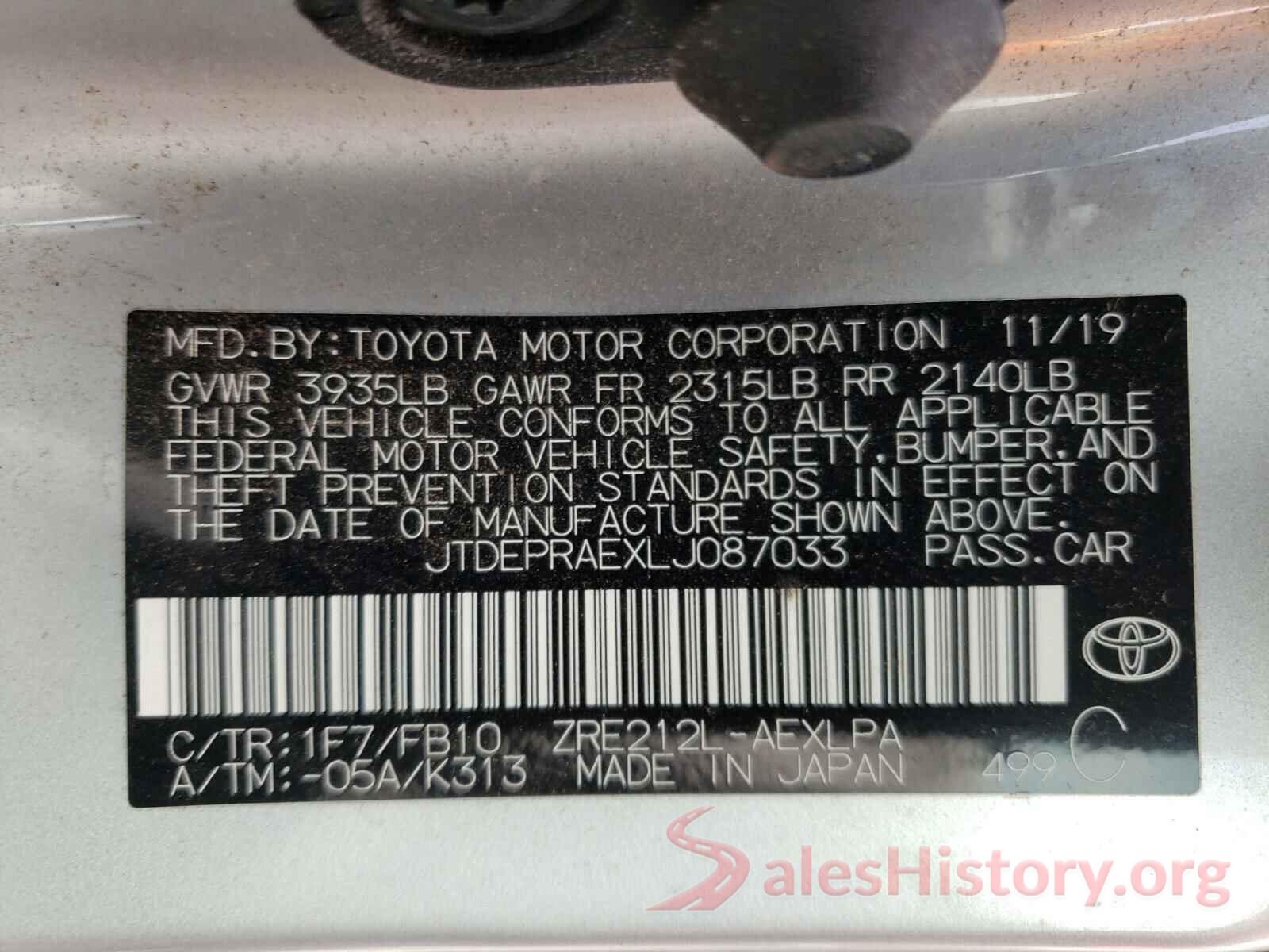 JTDEPRAEXLJ087033 2020 TOYOTA COROLLA