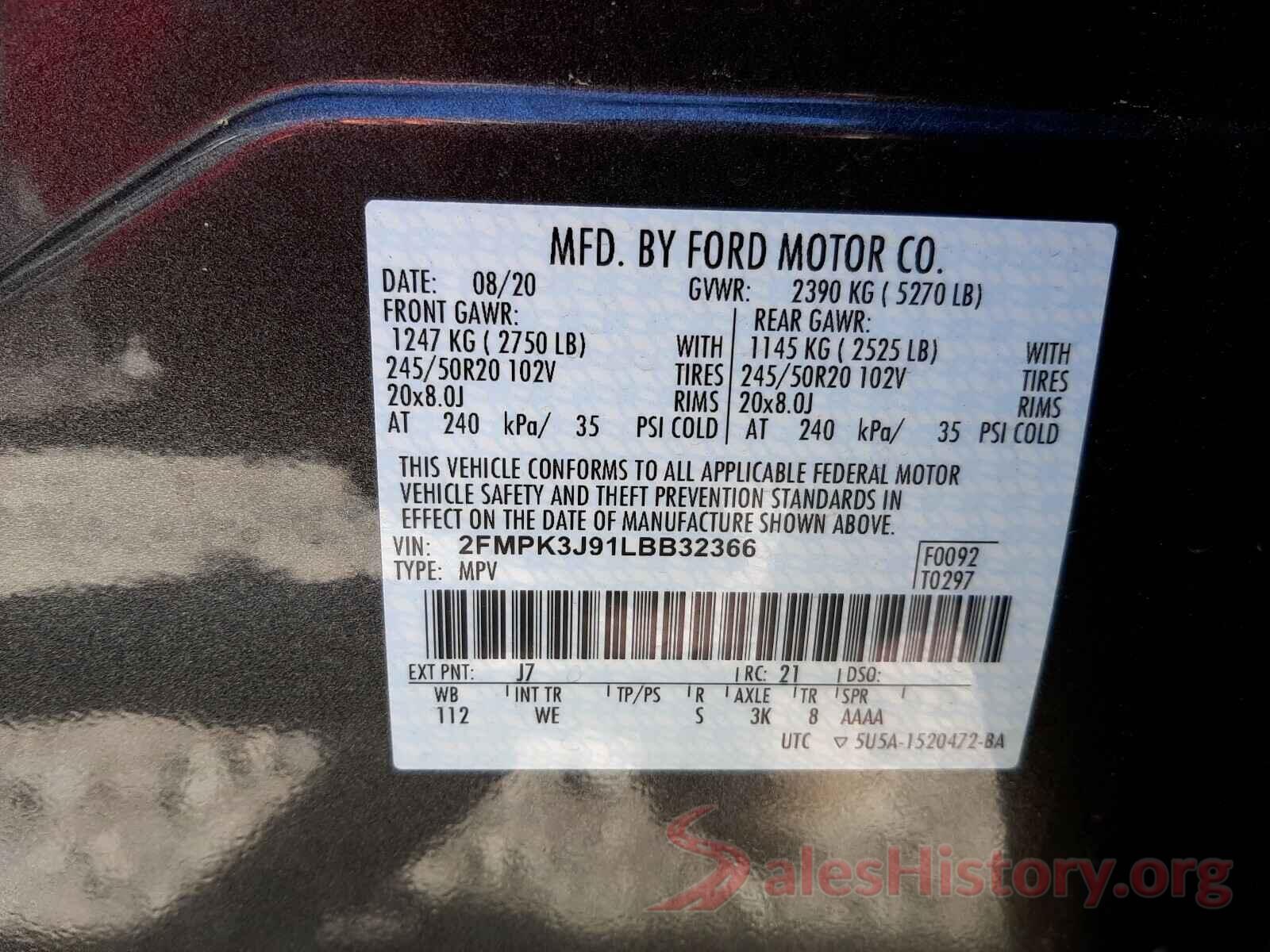 2FMPK3J91LBB32366 2020 FORD EDGE