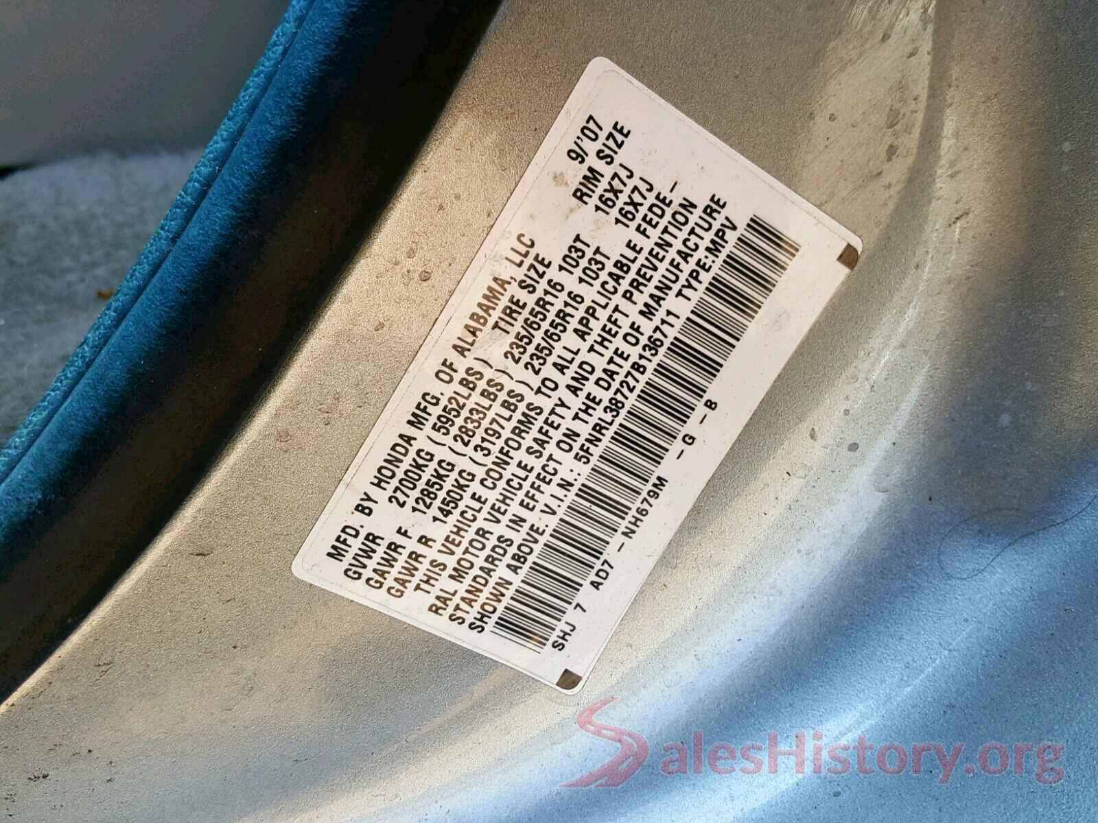 5FNRL38727B136711 2007 HONDA ODYSSEY EX