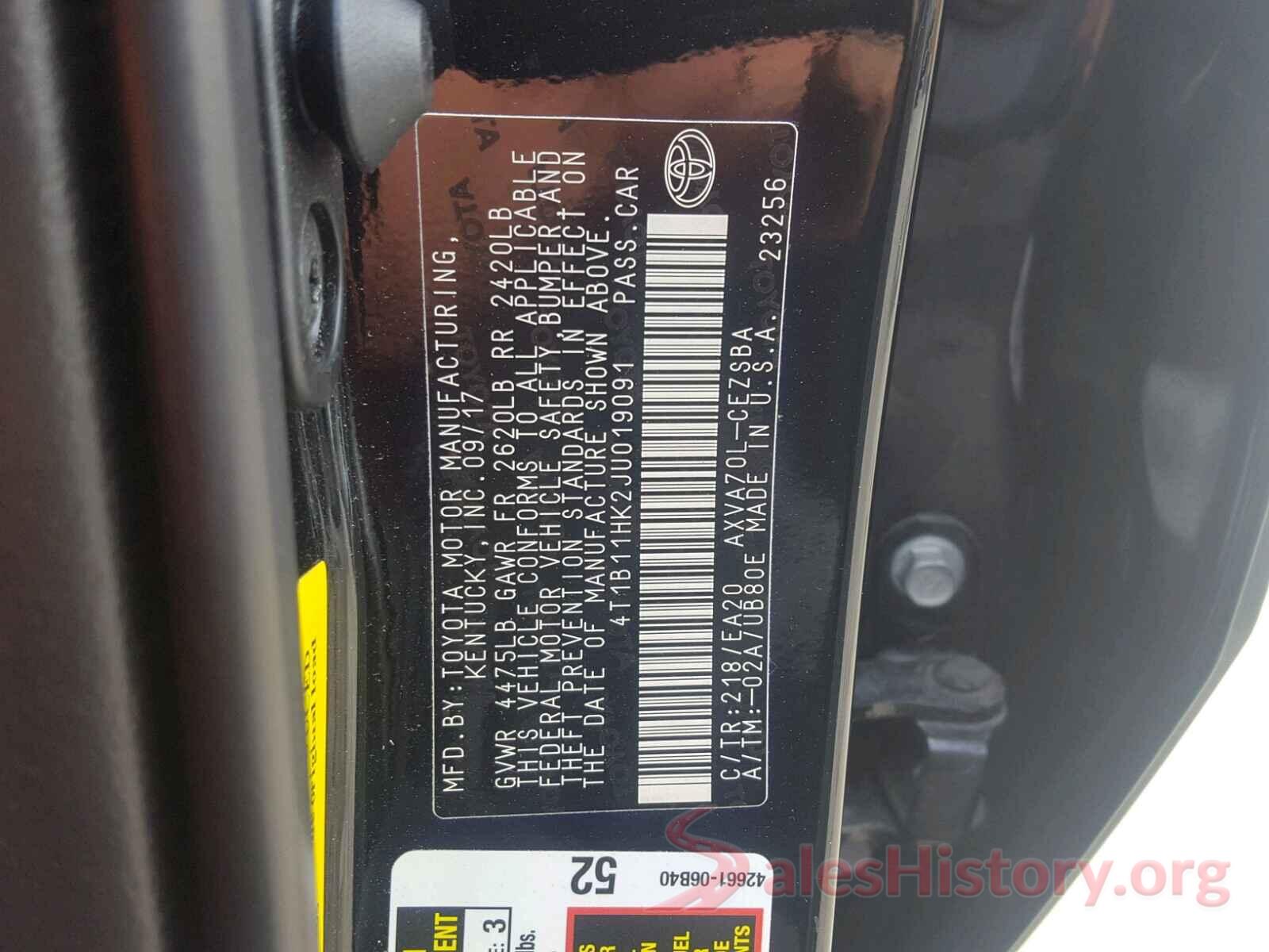 4T1B11HK2JU019091 2018 TOYOTA CAMRY