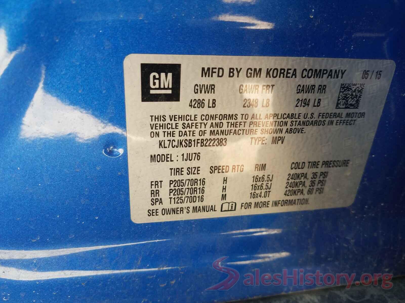 KL7CJKSB1FB222383 2015 CHEVROLET TRAX