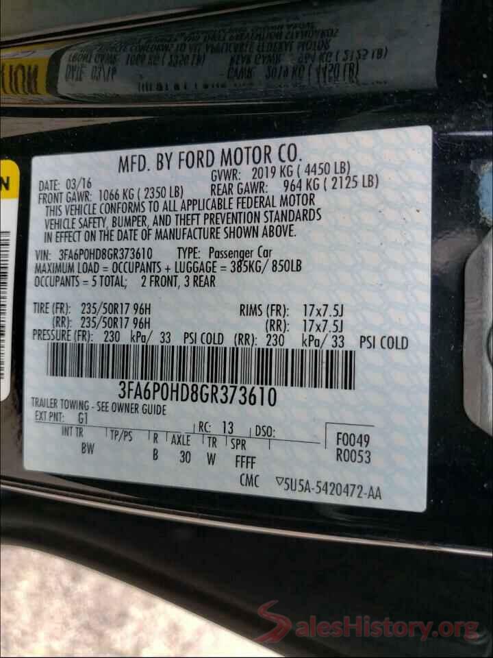 3FA6P0HD8GR373610 2016 FORD FUSION