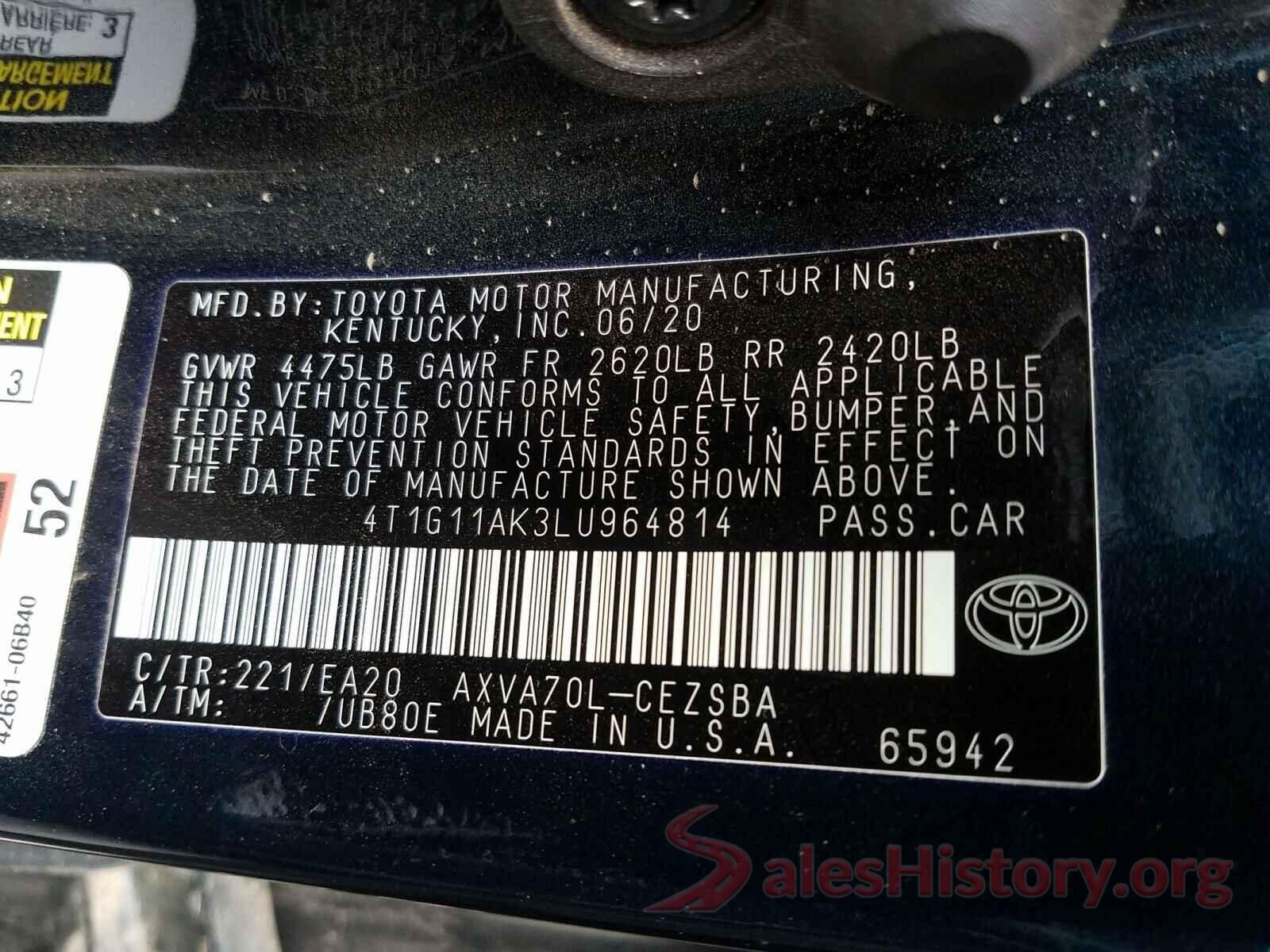 4T1G11AK3LU964814 2020 TOYOTA CAMRY