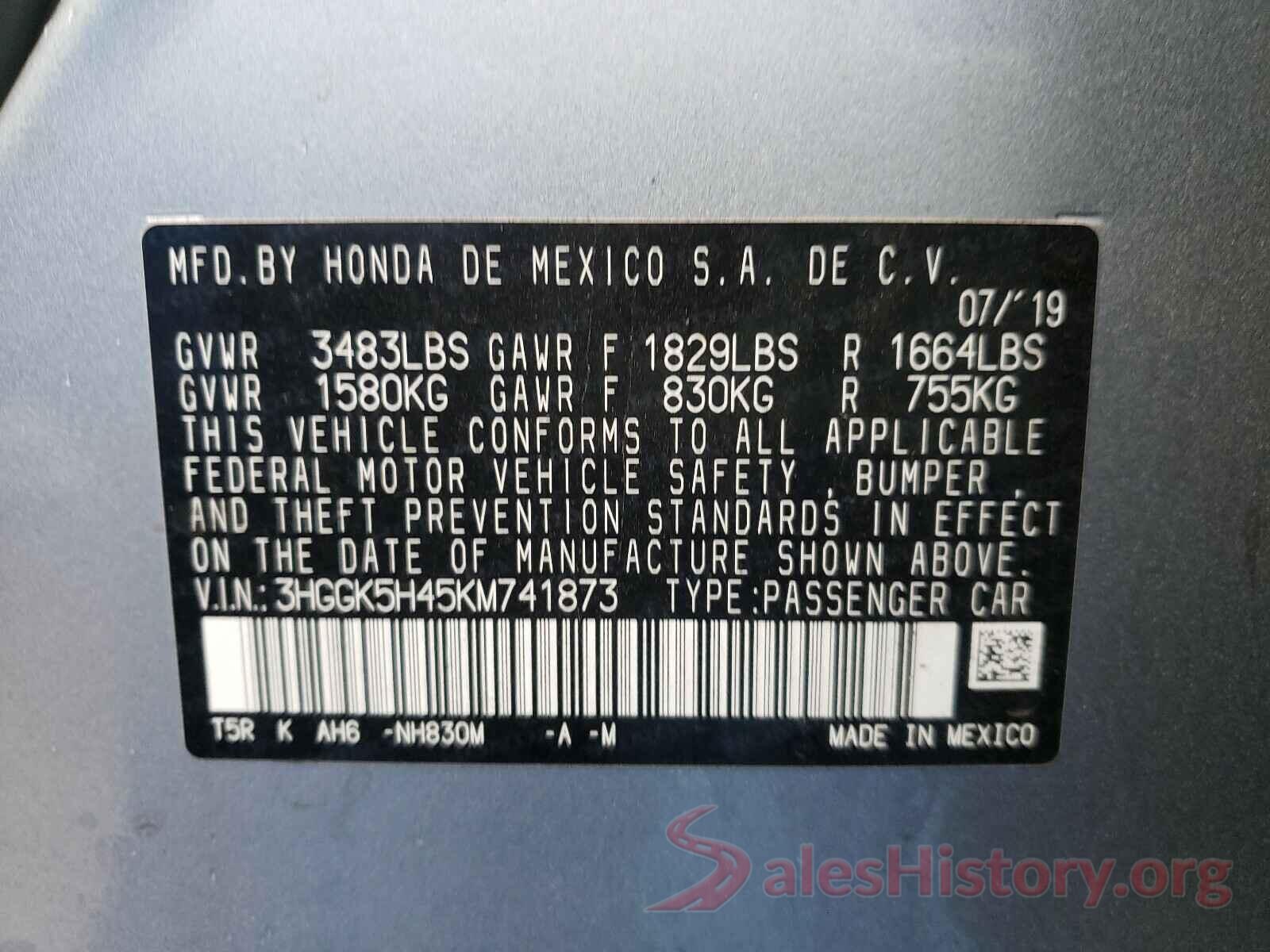 3HGGK5H45KM741873 2019 HONDA FIT