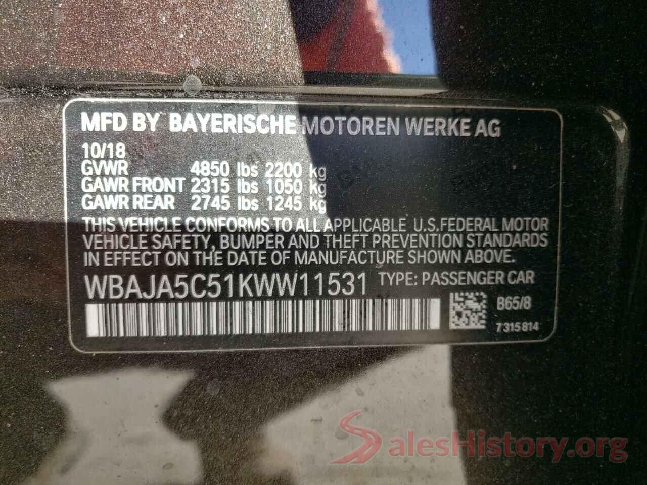 WBAJA5C51KWW11531 2019 BMW 5 SERIES