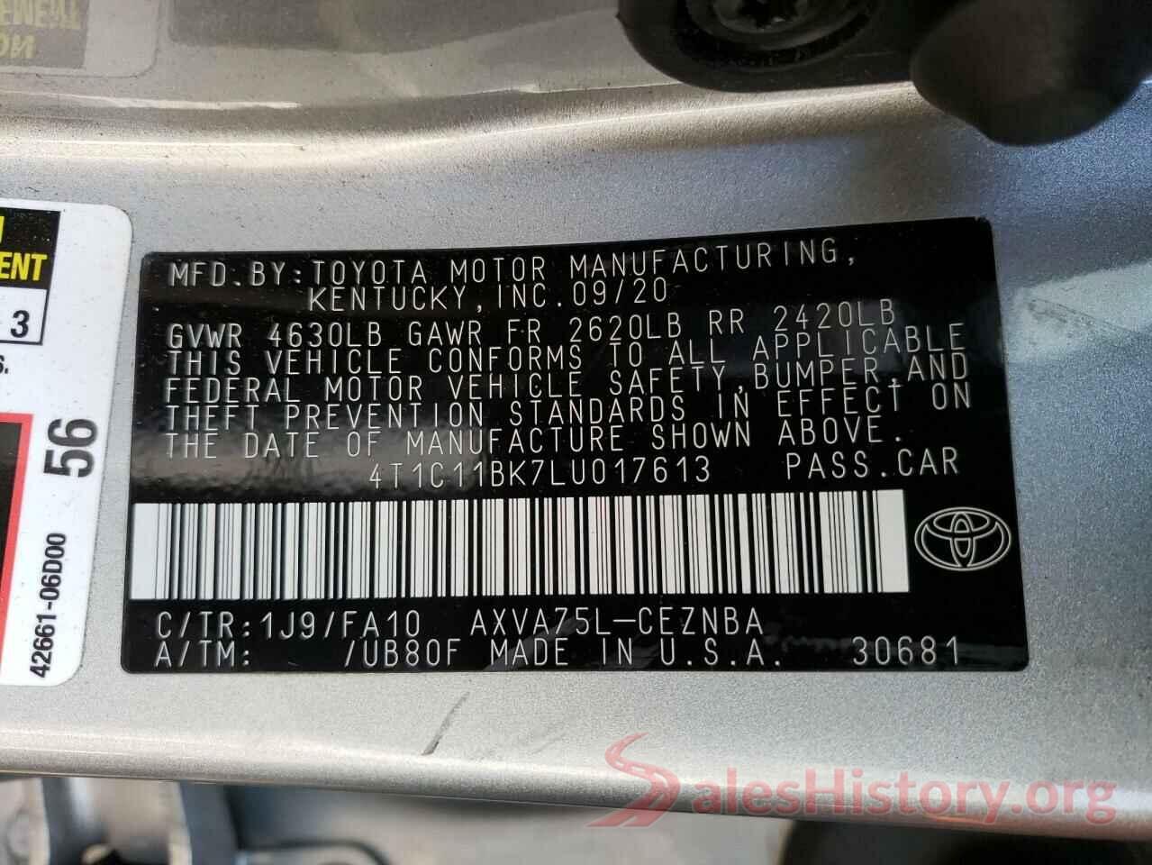 4T1C11BK7LU017613 2020 TOYOTA CAMRY