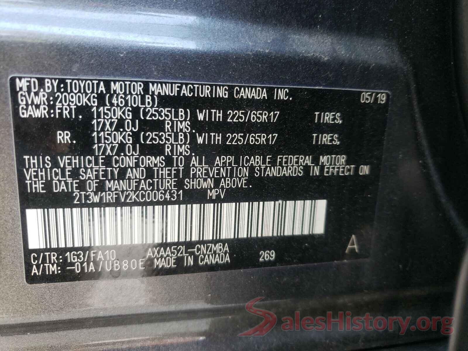 2T3W1RFV2KC006431 2019 TOYOTA RAV4