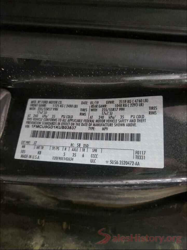 1FMCU9GD1KUB03837 2019 FORD ESCAPE