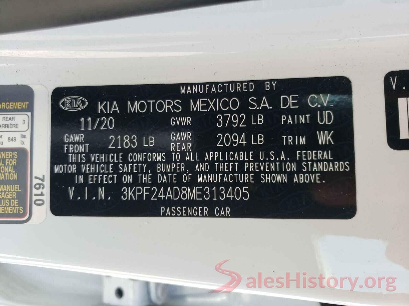 3KPF24AD8ME313405 2021 KIA FORTE