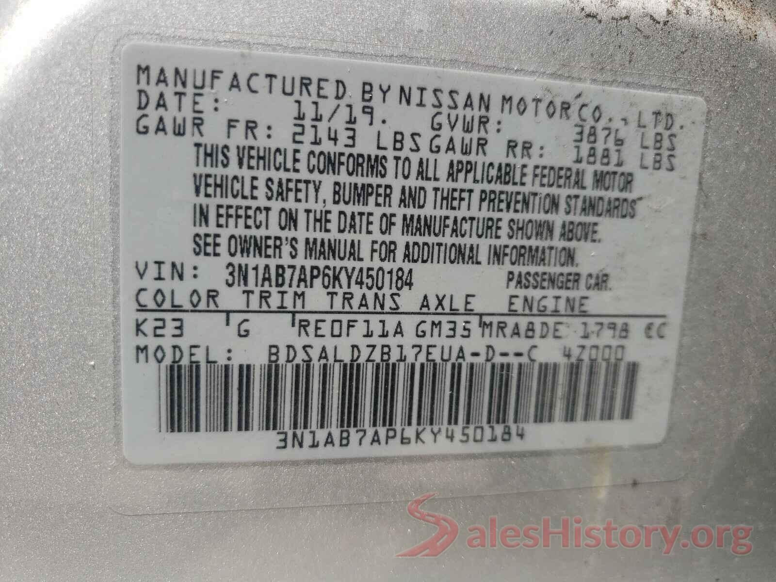 3N1AB7AP6KY450184 2019 NISSAN SENTRA