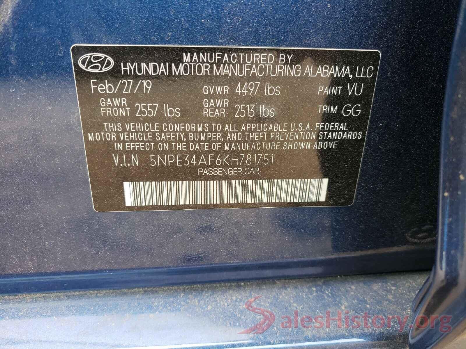 5NPE34AF6KH781751 2019 HYUNDAI SONATA