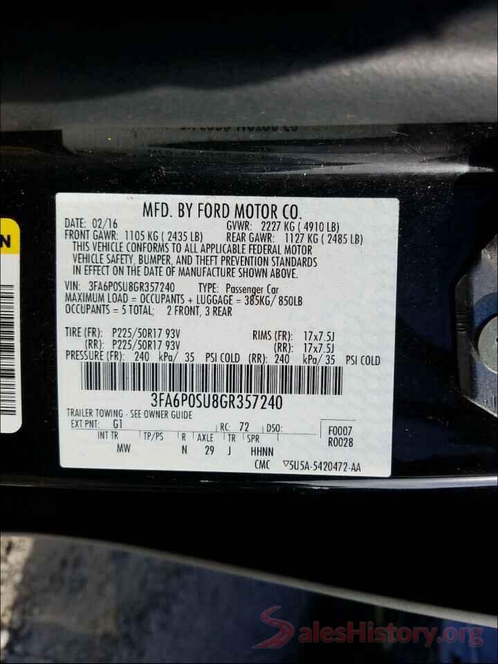 3FA6P0SU8GR357240 2016 FORD FUSION