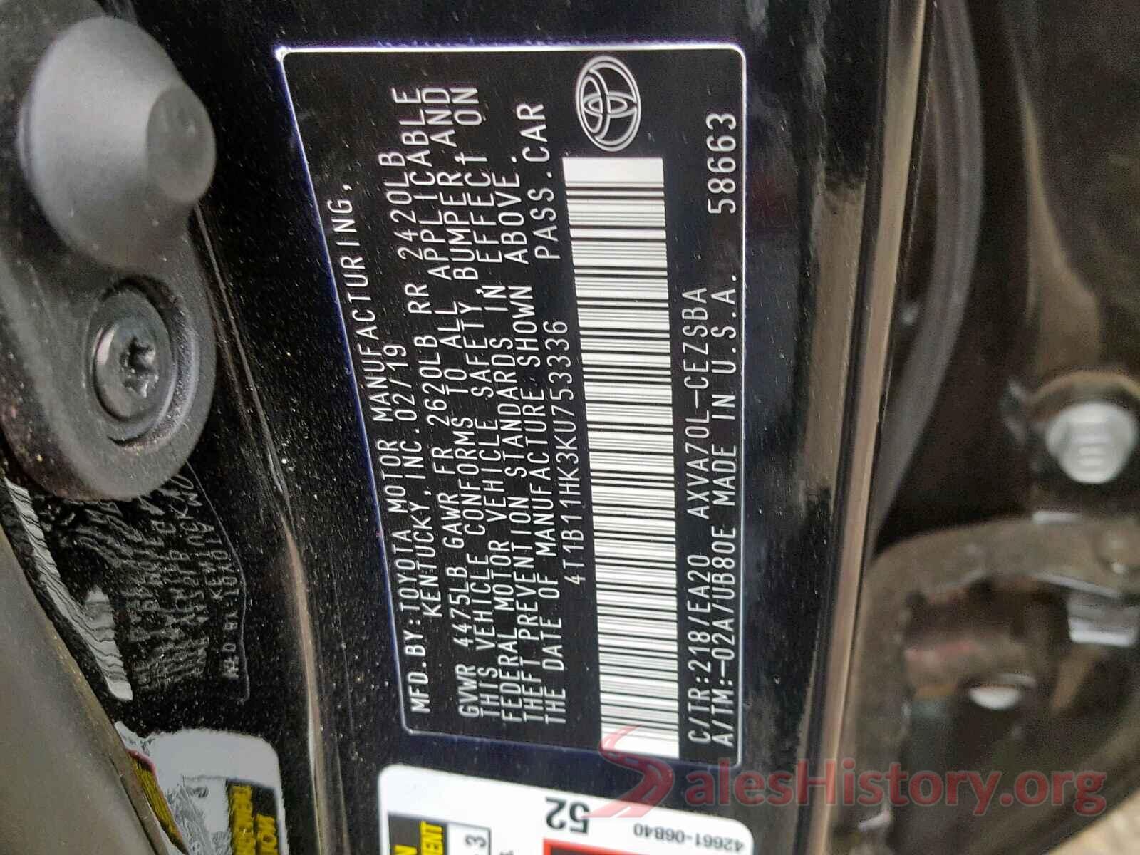 4T1B11HK3KU753336 2019 TOYOTA CAMRY