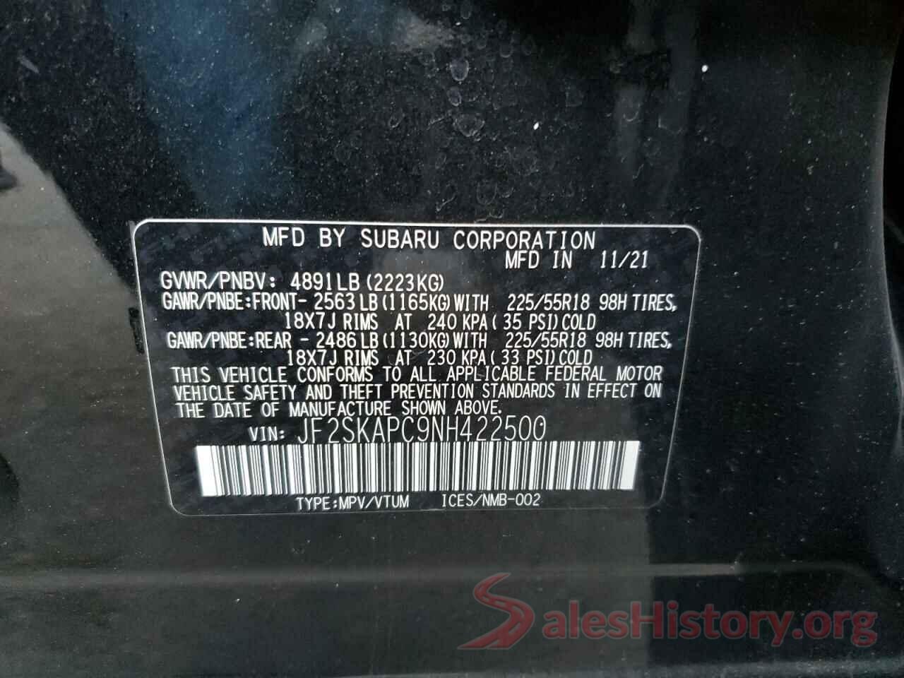 JF2SKAPC9NH422500 2022 SUBARU FORESTER