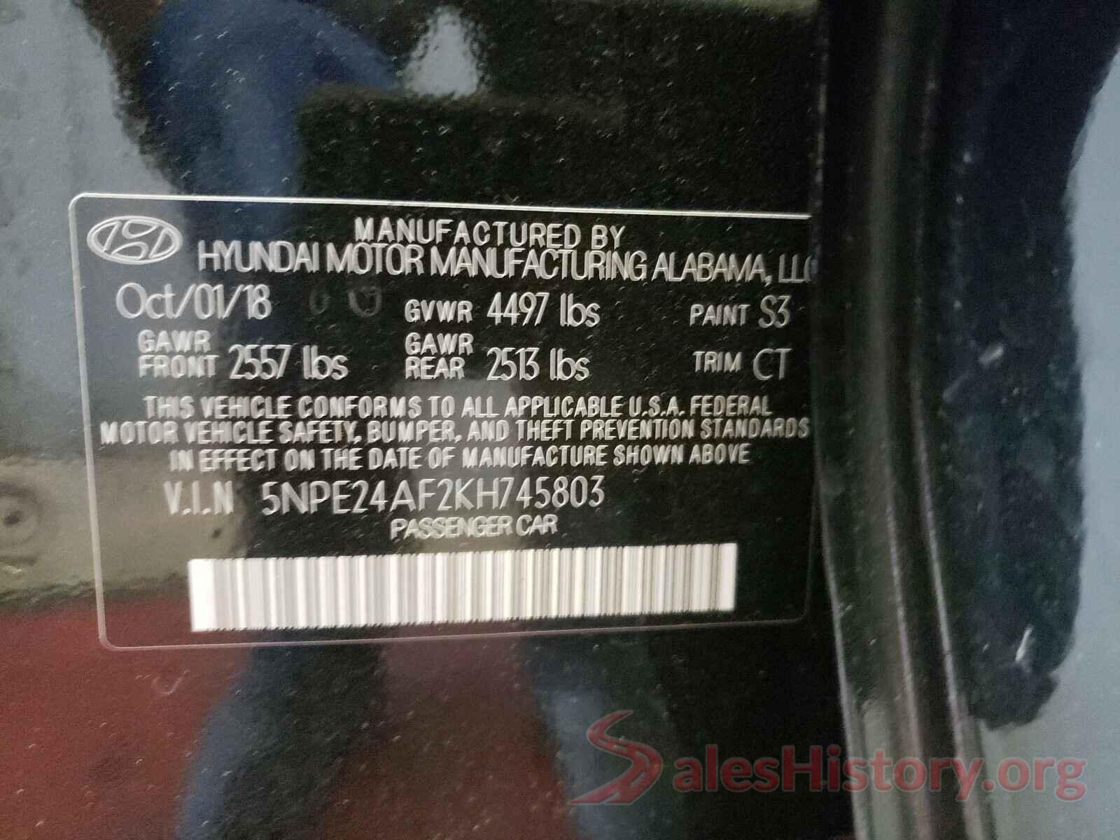 5NPE24AF2KH745803 2019 HYUNDAI SONATA