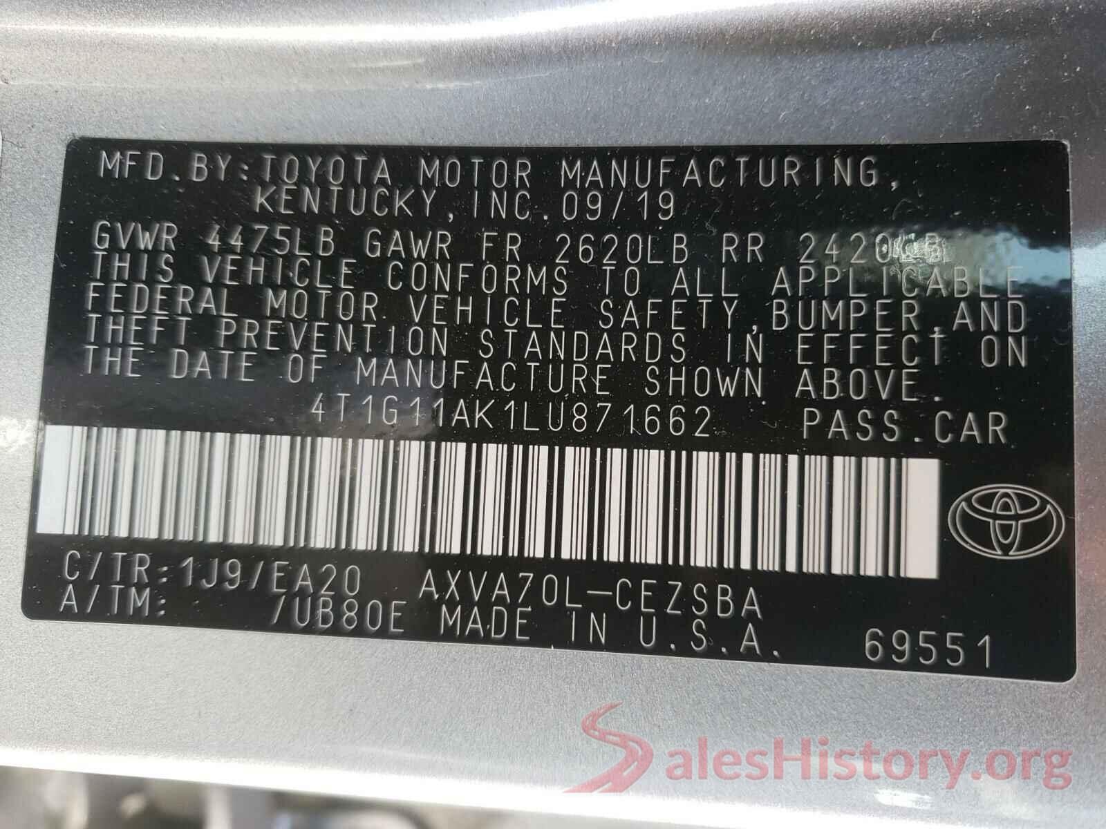 4T1G11AK1LU871662 2020 TOYOTA CAMRY