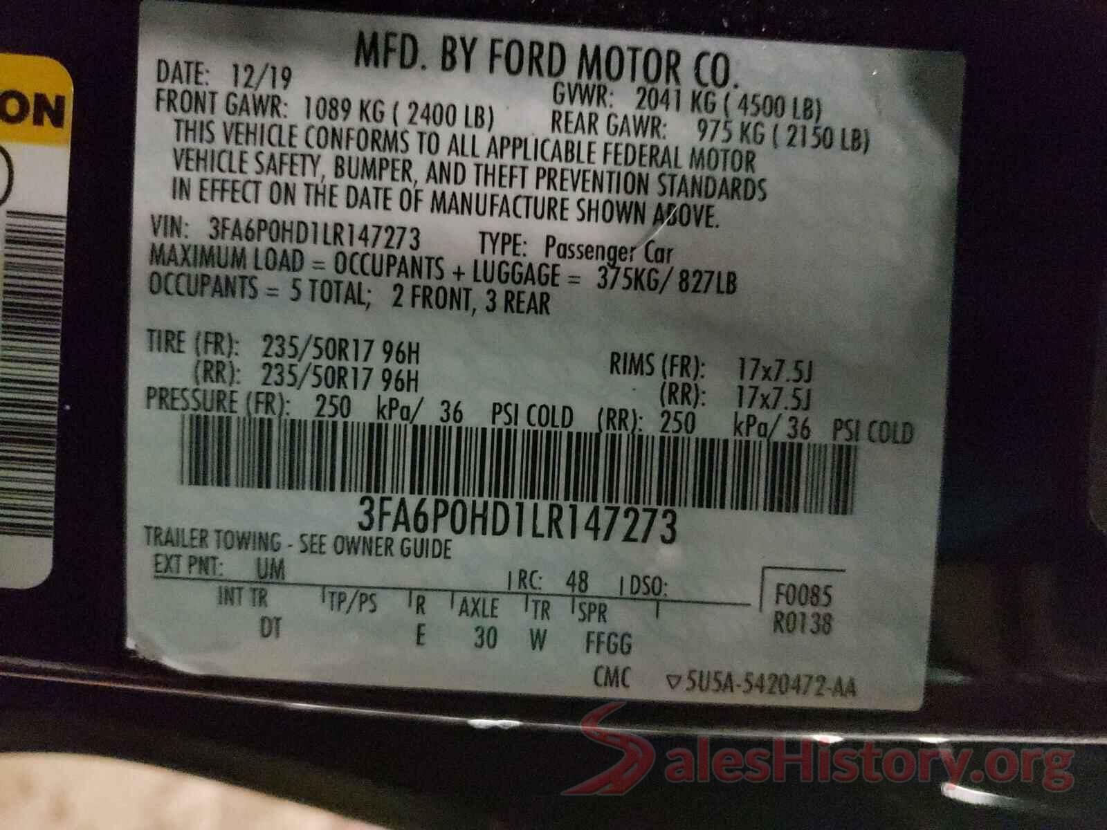 3FA6P0HD1LR147273 2020 FORD FUSION