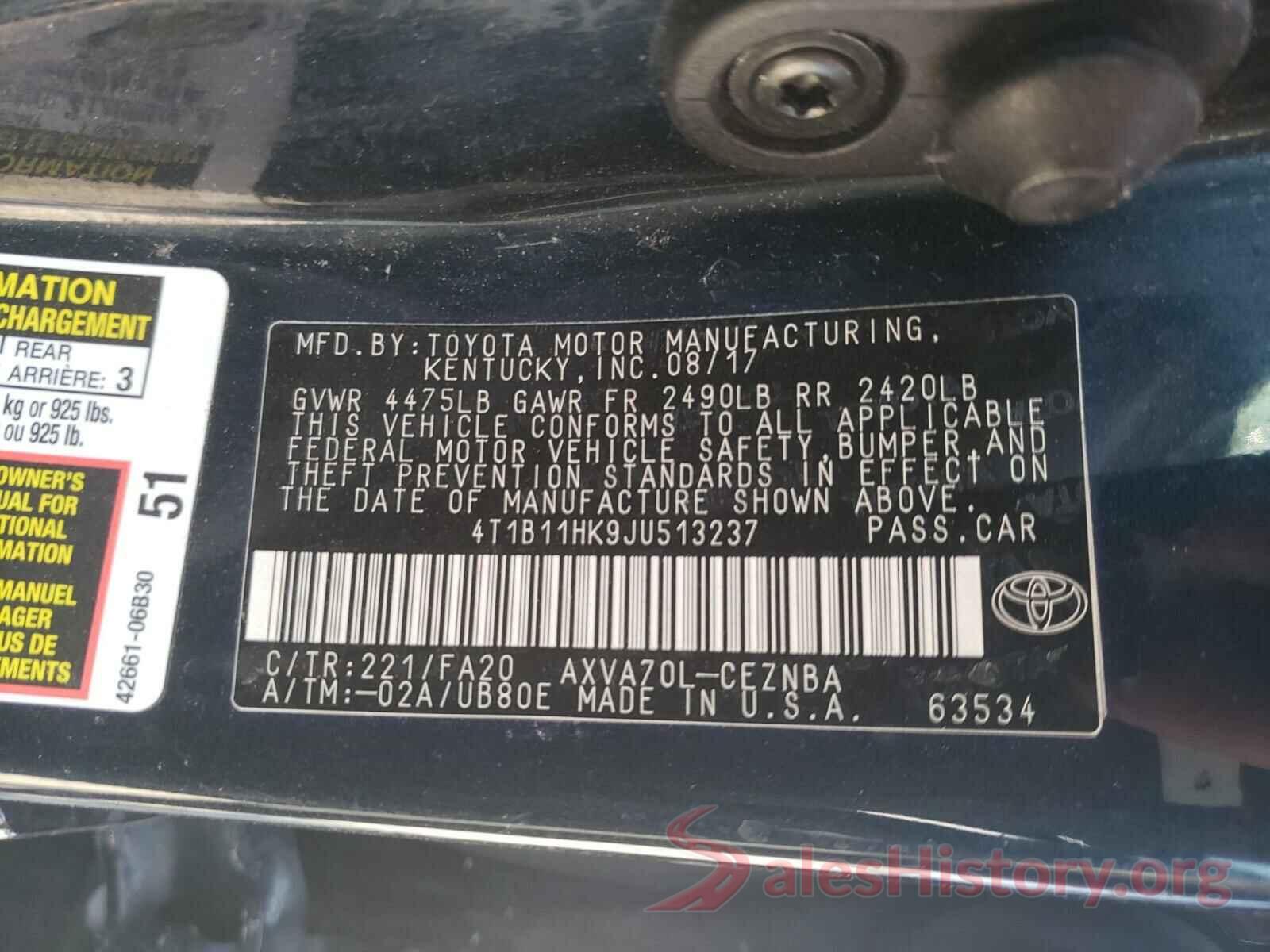 4T1B11HK9JU513237 2018 TOYOTA CAMRY