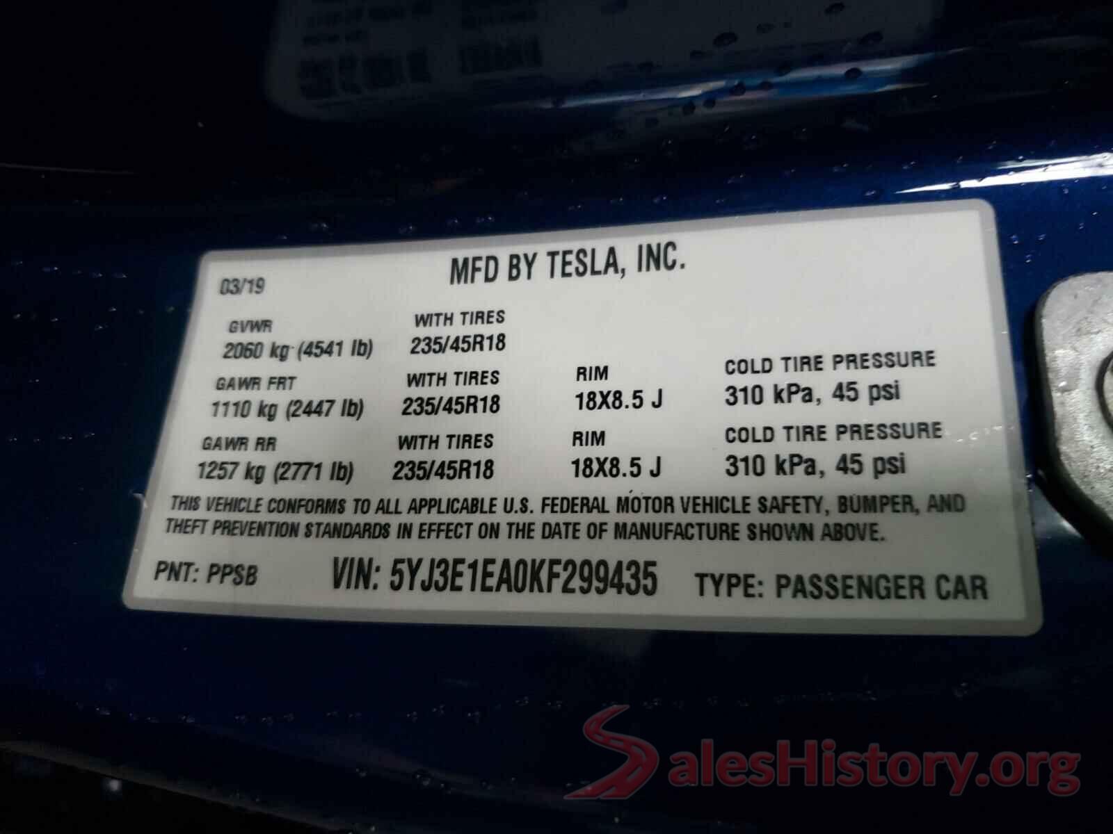 5YJ3E1EA0KF299435 2019 TESLA MODEL 3