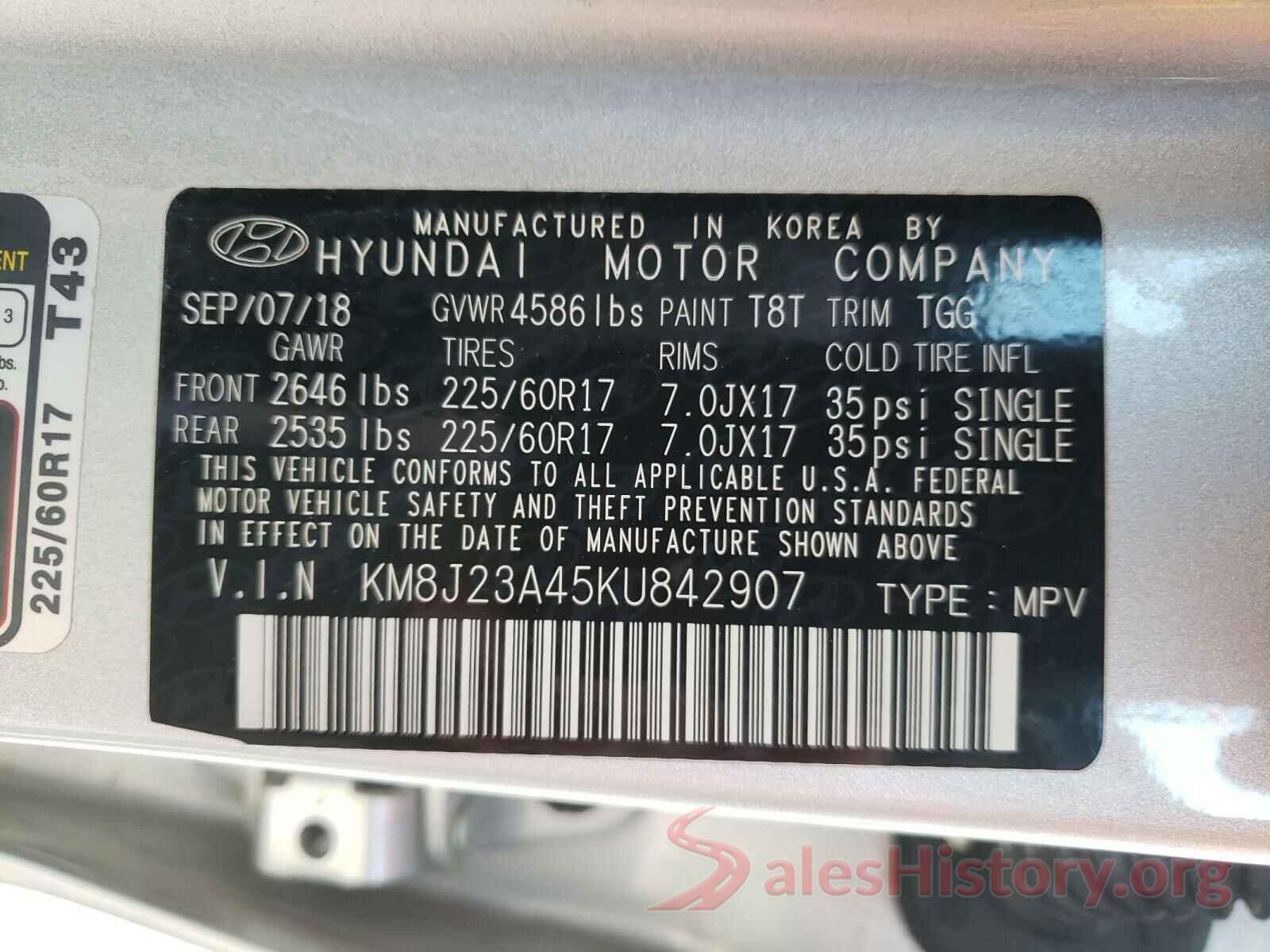 KM8J23A45KU842907 2019 HYUNDAI TUCSON