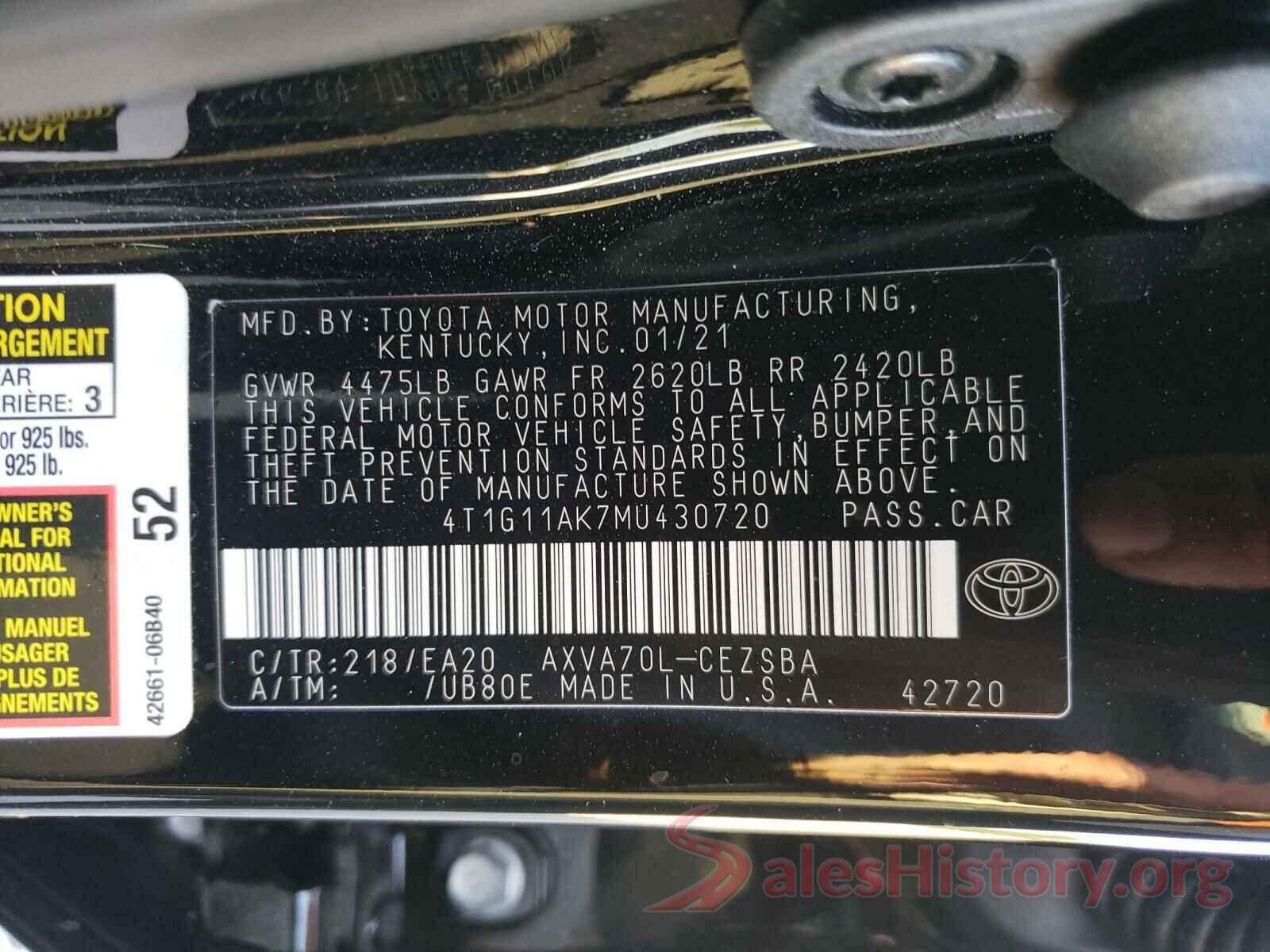 4T1G11AK7MU430720 2021 TOYOTA CAMRY