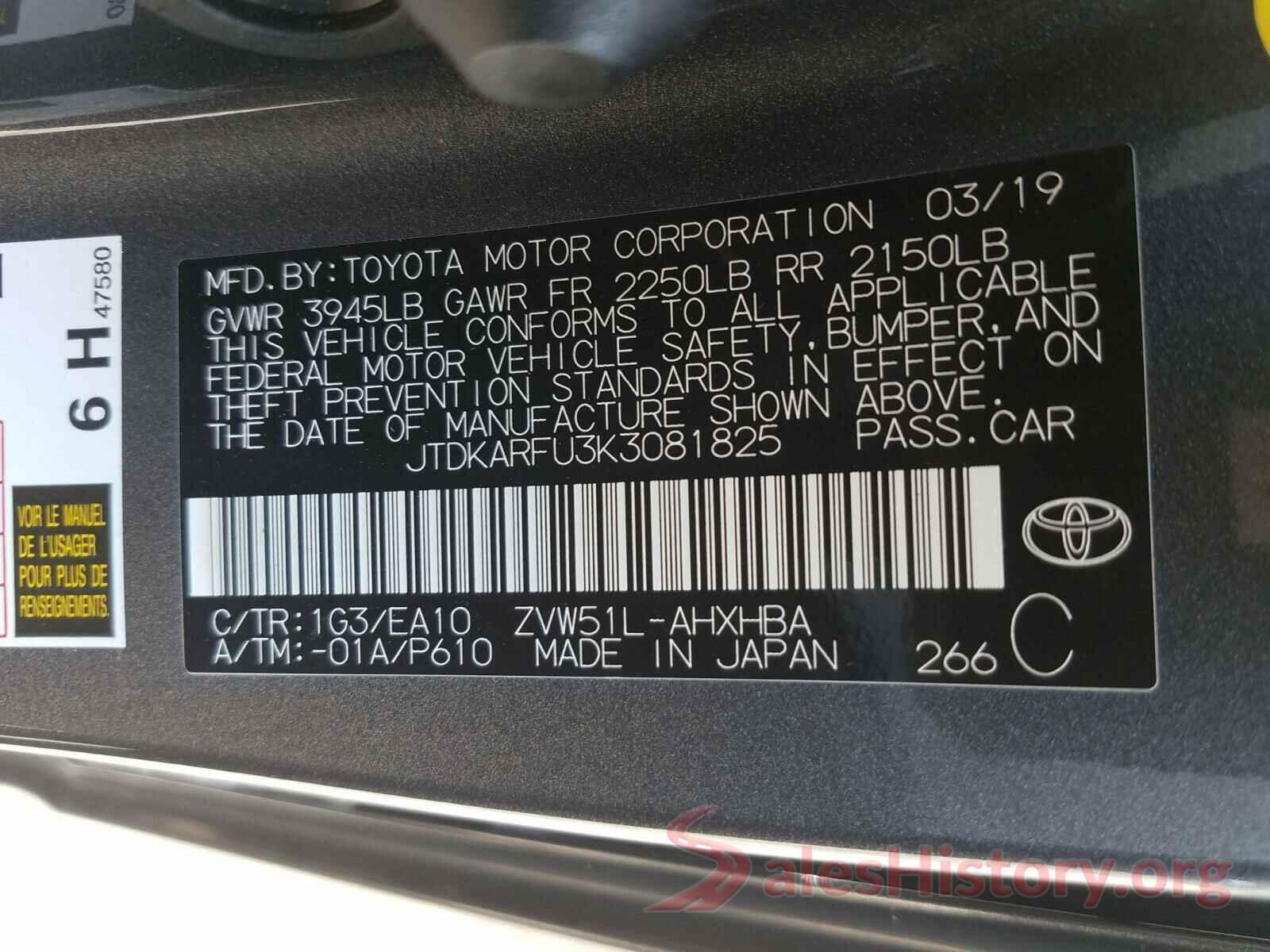 JTDKARFU3K3081825 2019 TOYOTA PRIUS