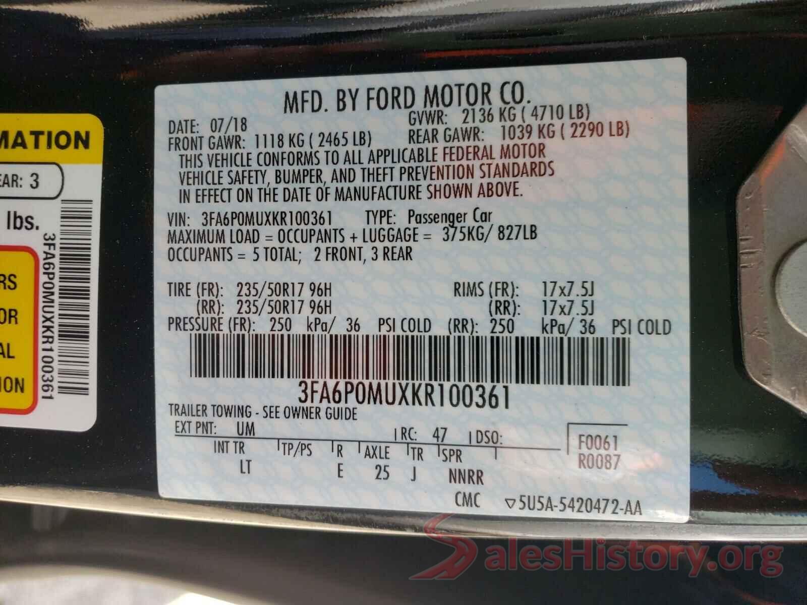 3FA6P0MUXKR100361 2019 FORD FUSION